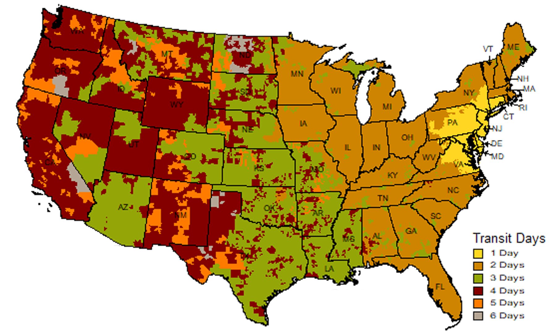 UPS Ground Time-in-Transit Map provides a full color U.S. map illustrating the number of transit days for delivery via UPS Ground services within the 50 states and Puerto Rico. Transit days are based on the ship date.